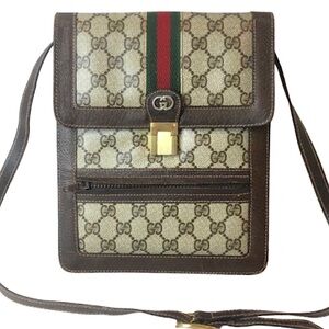 GUCCI GG Supreme Ophidia Sherryline Brown Leather Tan Coated Canvas Shoulder Bag